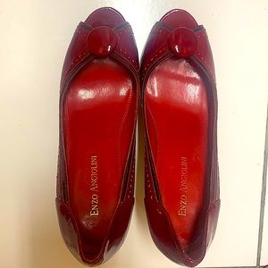 Red patent leather peep toe heels